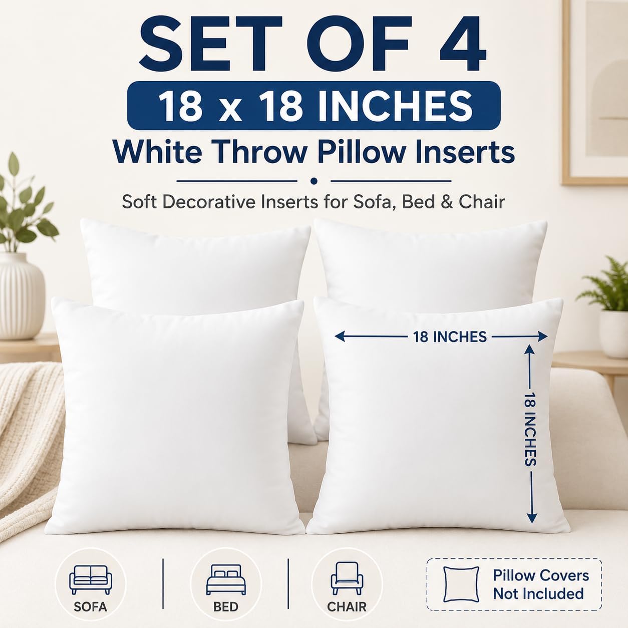 18 x 18 inches Pillow Inserts, Set of 4 Hypoallergenic Brushed Microfiber Liner Down Alternative Filled Square Cushion Throw Pillow - Image 2