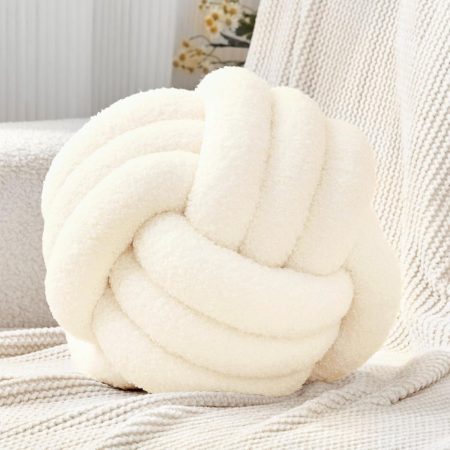 Ivory White Knot Pillow Ball, Handmade Soft Round Throw Pillow for Chair, Couch and Cozy Room Decor, Small Decorative Pillows, Lambswool Knotted Accent Cushion, 8 Inch