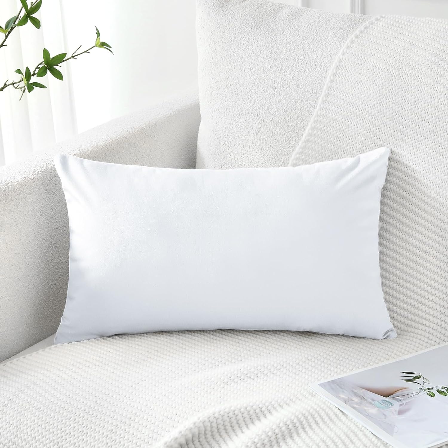 Set of 1 Luxury Velvet Pillow Covers ONLY Cover Decorative Rectangle Pillowcases Soft Solid Cushion Cases for Couch Sofa Bedroom Car Decor 12x20 Inch White (ONLY Cover)