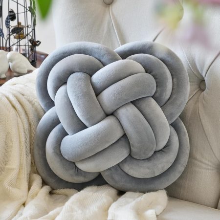 Knot Pillow Ball, Decorative Throw Pillows with Velvet Fabric for Couch Bed, 12" Decor Knotted Square Floor Pillow Cushions for Living Room (12 Inches, Light Grey)