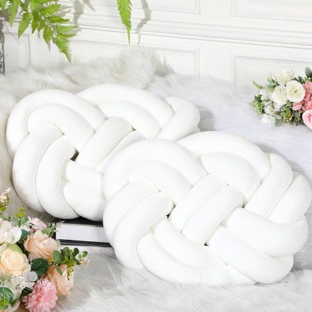 Set of 2 Velvet Knot Pillow Ball 14 x 16 Inch Soft Decorative Knotted Throw Pillow for Christmas Thanksgiving Couch Home Sofa Bedroom Decor to Add Comfort and Style(White)