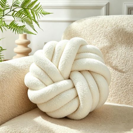 Cream White Knot Pillow 13.7'' Round Throw Pillow Soft Plush Knot Ball Pillow Handmade Knotted Pillow Modern Home Decorative Knotted Pillow Cushion for Bed Bedroom, Sofa, Couch