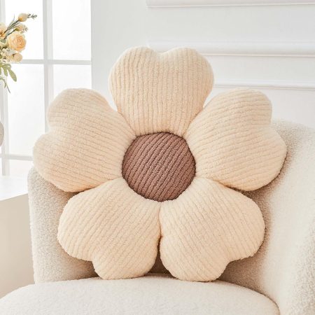 Two-Tone Ivory and Brown Daisy Throw Pillow, 19.6-Inch Flower-Shaped Floor Seating Cushion
