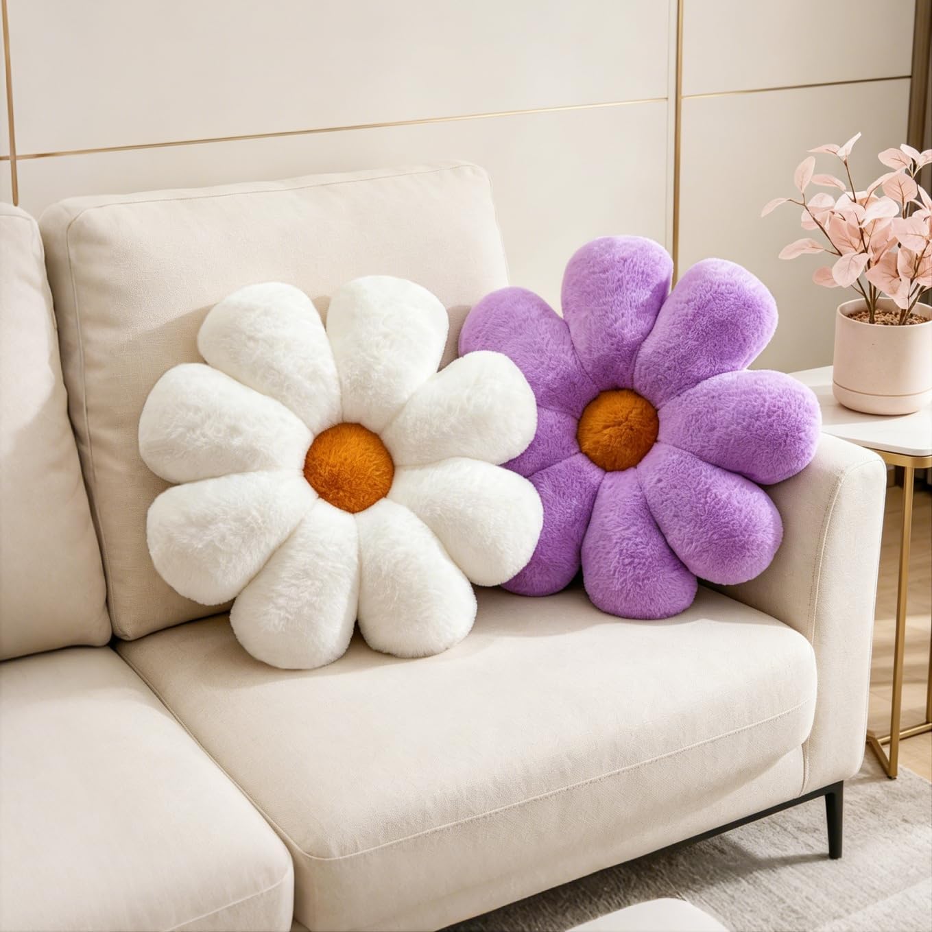 Set of 2 Purple and White Daisy Throw Pillows, 15-Inch Faux Plush Flower-Shaped Decor for Bed and Sofa - Image 2