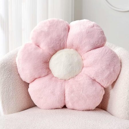 Soft Faux Fur Pink Daisy Decorative Throw Pillow, 14.9-Inch Plush Flower-Shaped Floor Cushion for Living Room