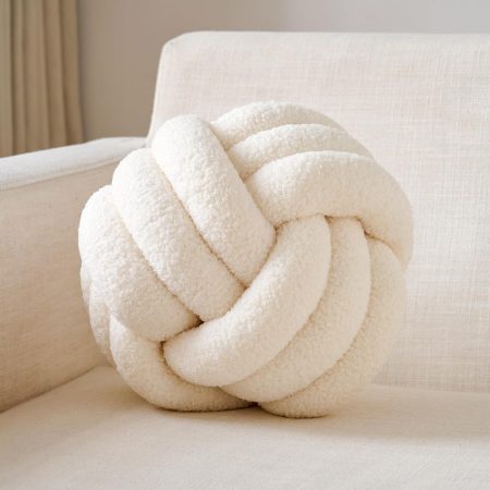 Knot Pillow Ball, Soft Home Decorative Round Throw Pillow, Handmade Knotted Plush Pillow, Round Boucle Pillow Cushion (8.6 Inches Ivory)