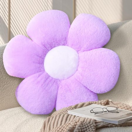 Purple Daisy-Shaped Decorative Throw Pillow, 17.7-Inch Soft Plush Floral Floor Cushion for Living Room