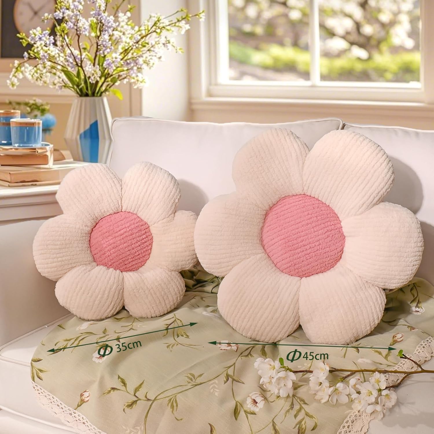 Cream Pink Daisy-Shaped Throw Pillow, 15.7-Inch Small Plush Floor Cushion for Kids and Sofa - Image 2