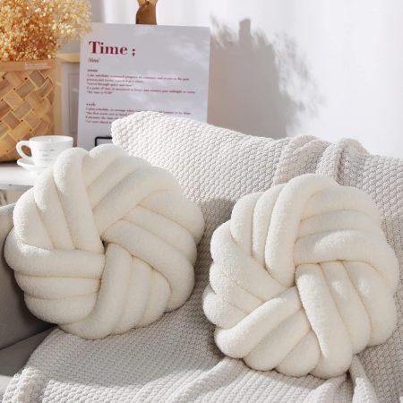 2 Pieces Knot Ball Pillows 14 x 14 Inch Decorative Pillow for Couch Bedroom Plush Throw Knot Pillow Soft Handmade Chair Cushion for Living Room Car Decorations(Beige)