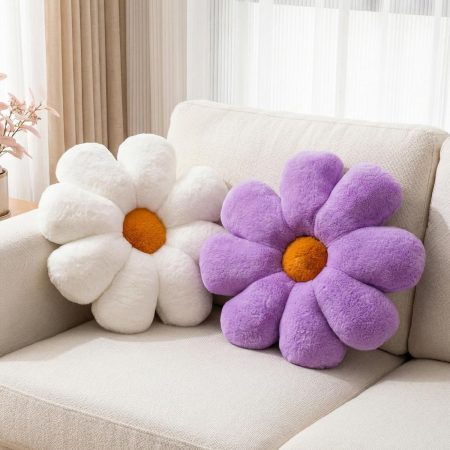 Set of 2 Purple and White Daisy Throw Pillows, 15-Inch Faux Plush Flower-Shaped Decor for Bed and Sofa