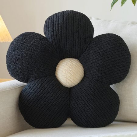 Black Flower-Shaped Decorative Throw Pillow, 14.9-Inch Aesthetic Fun Cushion for Couch and Bed