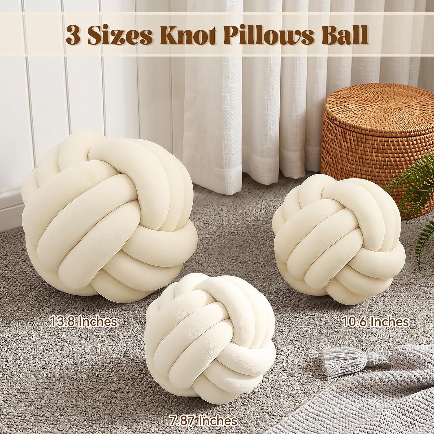 Knot Pillow Ball, Soft Plush Decorative Throw Pillow, Handmade Round Knotted Cushion for Sofa, Couch & Bedroom, Cute Home Decor Pillow (7.87 Inches, Ivory) - Image 2