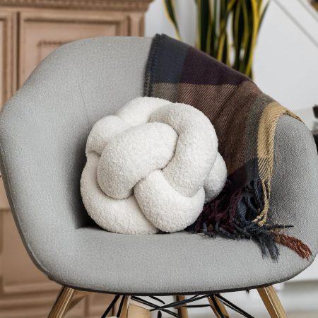 Vanilla Cream Teddy Boucle Knot Pillow Ball 12", Permanently Stitched Knotted Decorative Throw Pillow, Natural Kapok Fill, Round Accent Pillow for Couch Sofa Bed, Boho Home Decor