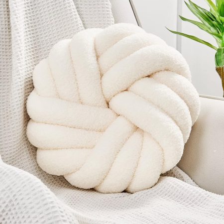 Knot Pillows, 14 Inch Decorative Throw Pillows Round Pillows Cushion, Soft Handmade Knotted Ball Pillow Plush Cushion Home Decor for Bed Couch Living Room (Ivory, 14 Inch)