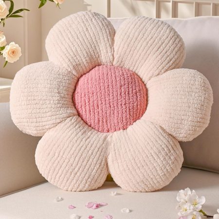 Cream Pink Daisy-Shaped Throw Pillow, 15.7-Inch Small Plush Floor Cushion for Kids and Sofa