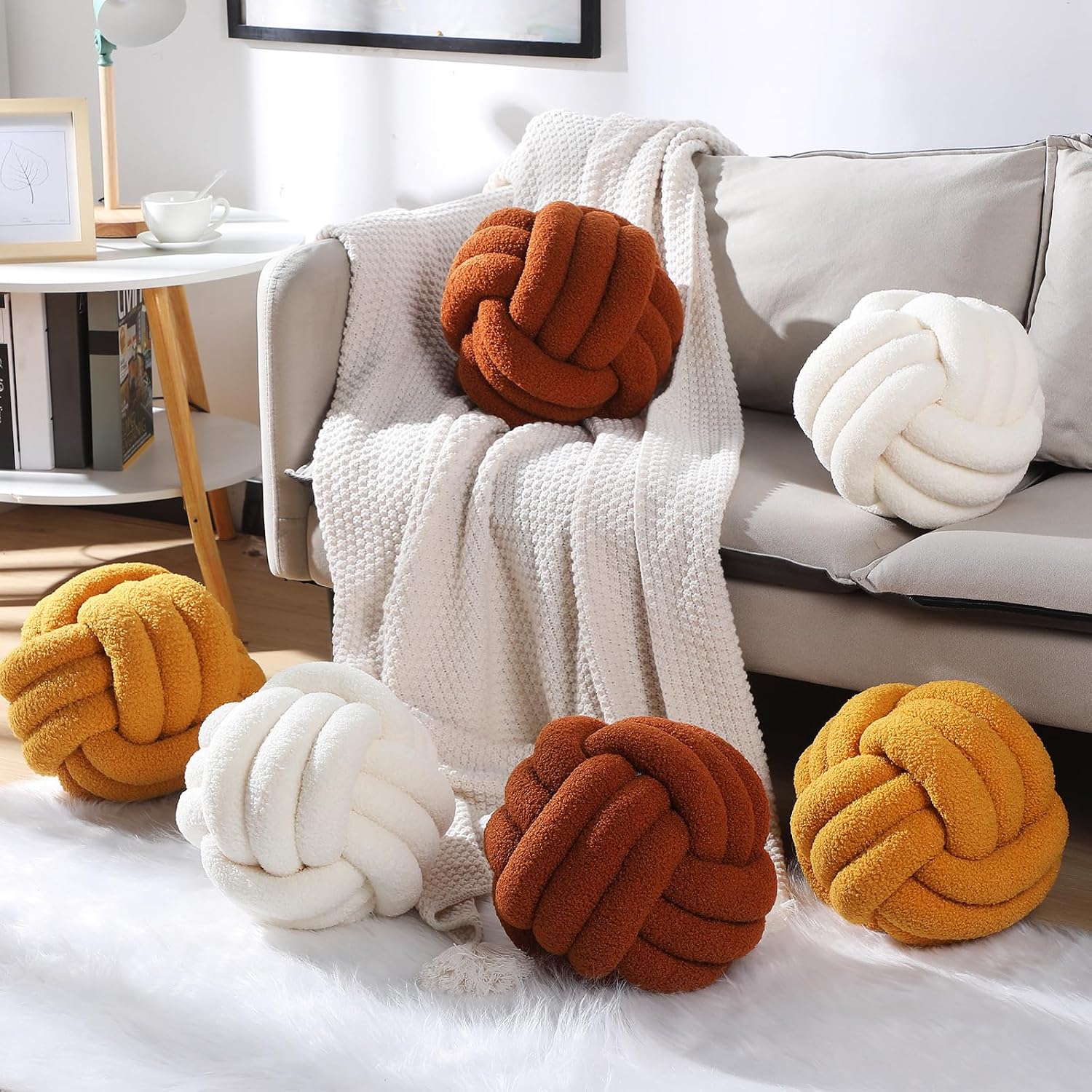 2 Pcs Knot Pillows Home Decorative Round Ball Throw Plush Pillows Boucle Knotted Circle Soft Pillows Cushion for Room Sofa Home Bed Floor (Beige, 11 Inch) - Image 2
