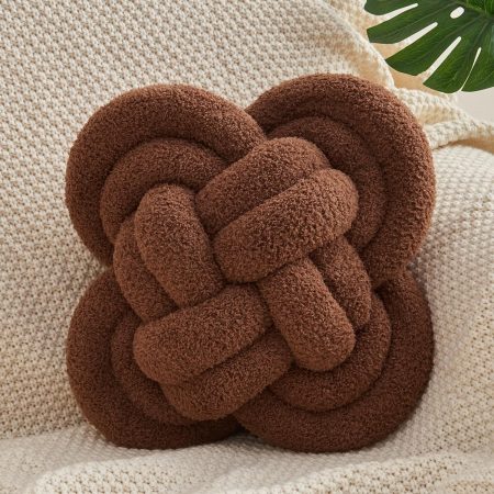 Knot Pillow, 12" Soft Decorative Throw Pillows for Couch Bed, Gray Pink Knotted Plush Throw Pillow Handmade Square Cushion Home Decor Pillows (Dark Brown, 12 Inches X12 Inches)