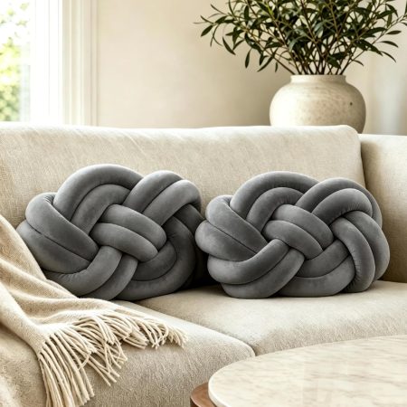 2Pcs Plush Knotted Accent Pillows for Couch and Sofa，Soft Throw Pillows for Bed and Chair，Modern Decorative Room Decor for Living Room，Bedroom，Dorm and Nursery 15.7inches × 11.8inches (Dark grey)