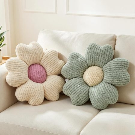 Set of 2 Sage Green and Ivory Daisy Throw Pillows, 15-Inch Soft Floor Seating Cushions for Living Room