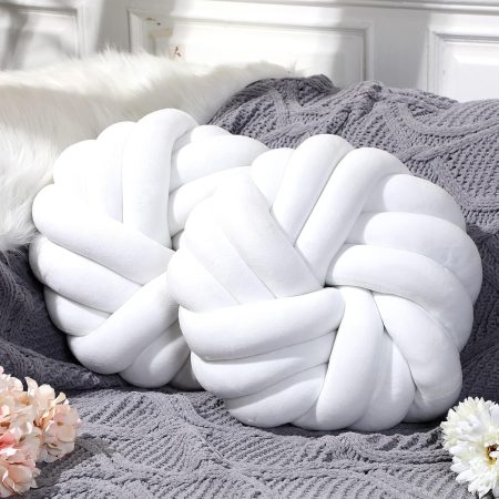 2 Pcs 14 Inches Knot Pillow Round Throw Soft Plush Knot Ball Pillow Handmade Knotted Modern Home Decorative Cushion for Bed Bedroom, Sofa, Couch (White)