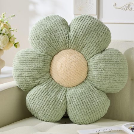 Sage Green Daisy Pillow, 15.75-Inch Fleece Flower-Shaped Throw Cushion for Sofa and Bed